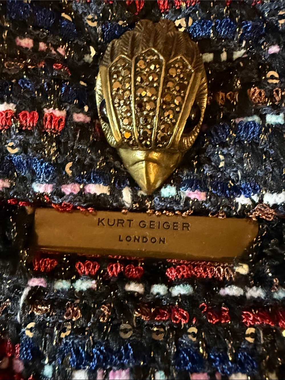 Kurt Geiger Tweed Chain Shoulder Bag in Red, Blue & Black - Picture 7 of 12